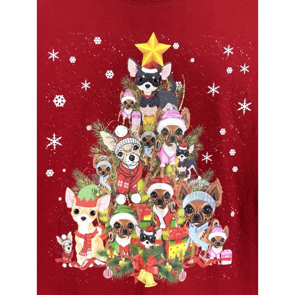 Womens XL Red Christmas Tree Tee T-Shirt Chihuahua Dog Print Holiday Novelty Fun